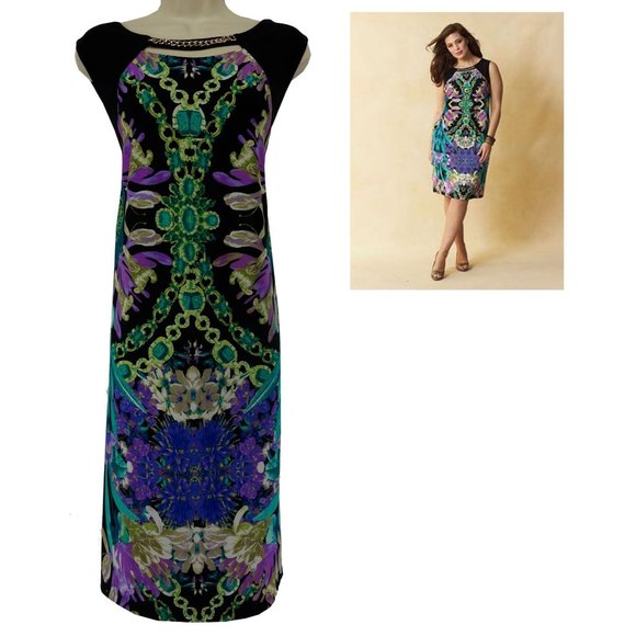 Size 14W 1X ABSTRACT‎ PRINT SHIFT DRESS W/CHAIN NECKLINE Day/Evening PLUS SIZE - Picture 1 of 5